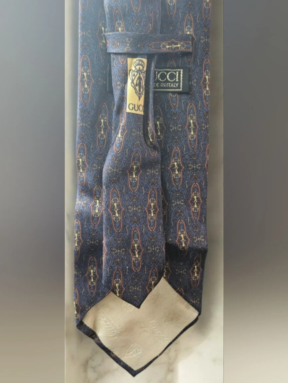 Gucci Silk Tie Vintage Horsebit Equestrian Pattern Navy Made in Italy Vintage
